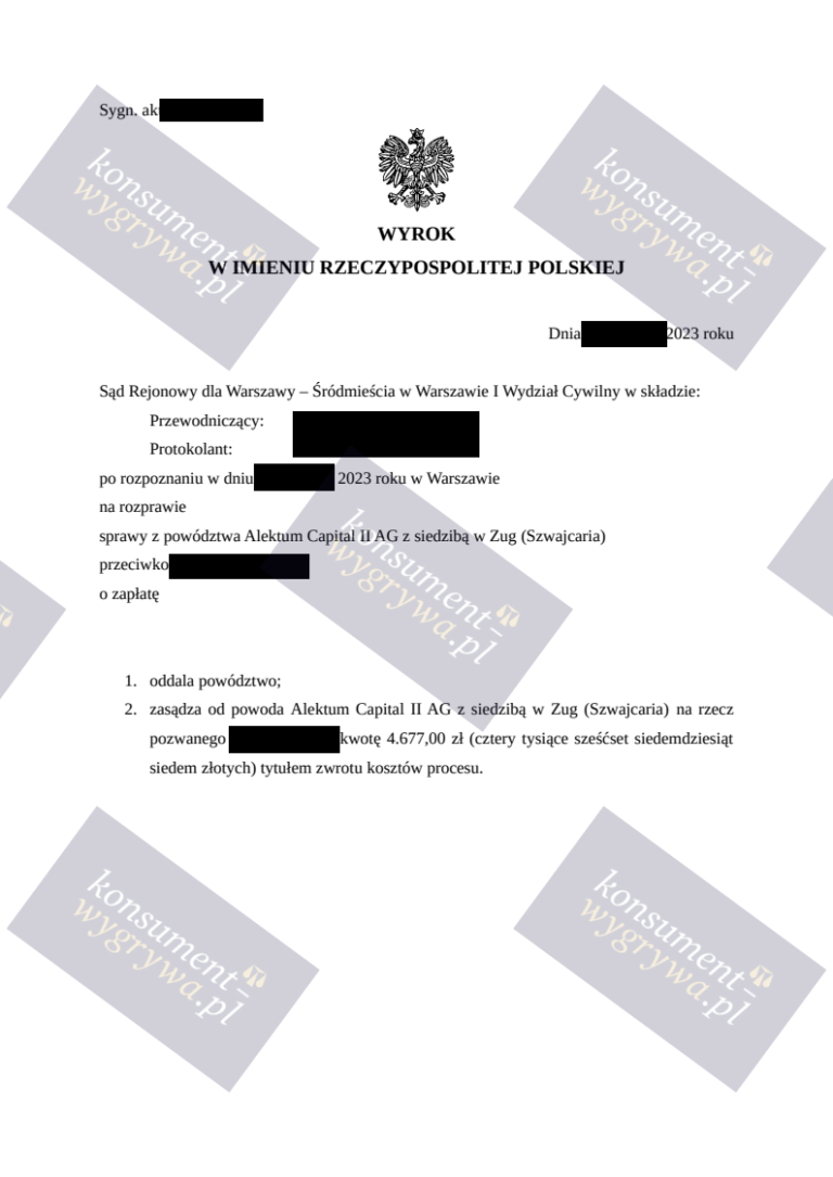 Zwycięstwo w procesie z Alektum Capital II AG - Konsument Wygrywa